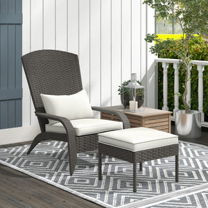 Wicker Adirondack Chair with Ottoman, Patio Cushioned Muskoka Chair, Outdoor Fire Pit Chair with High-back and Armrests, for Deck, Garden, Backyard, Grey/Cream White