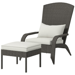 Wicker Adirondack Chair with Ottoman, Patio Cushioned Muskoka Chair, Outdoor Fire Pit Chair with High-back and Armrests, for Deck, Garden, Backyard, Grey/Cream White