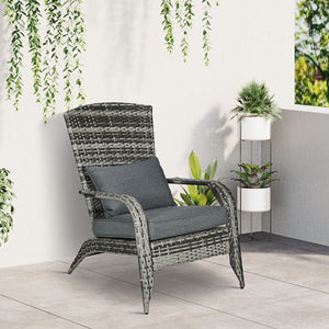 Patio Wicker Adirondack Chair, Outdoor PE Rattan Fire Pit Chair, Muskoka Chair w/ Soft Cushions, Tall Curved Backrest and Comfortable Armrests for Deck Garden, Grey