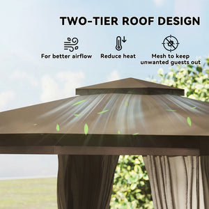 10' x 10' Outdoor Patio Gazebo, Soft Top Gazebo Canopy Shelter with Double Roof, Curtains, Netting, Steel Frame, UPF30+ Protection, Ceiling Hook for Lawn, Backyard, Deck, Khaki