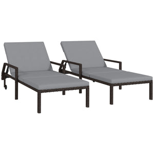 2 Piece Wicker Chaise Lounger PE Rattan Outdoor Lounge Chair Garden Chair Recliner with 5-Level Adjustable Backrest and 2 Wheels, Grey