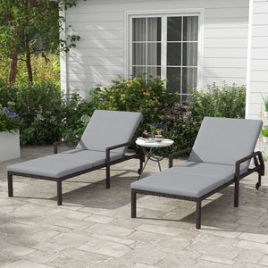 2 Piece Wicker Chaise Lounger PE Rattan Outdoor Lounge Chair Garden Chair Recliner with 5-Level Adjustable Backrest and 2 Wheels, Grey