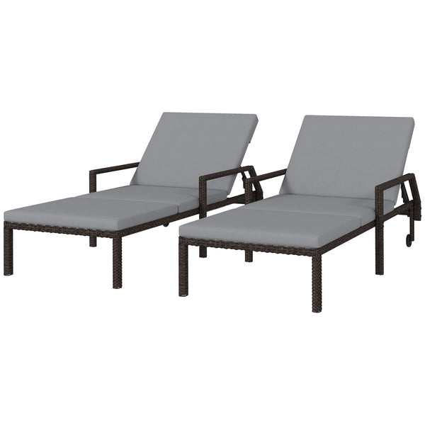2 Piece Wicker Chaise Lounger PE Rattan Outdoor Lounge Chair Garden Chair Recliner with 5-Level Adjustable Backrest and 2 Wheels, Grey