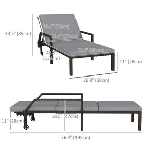 2 Piece Wicker Chaise Lounger PE Rattan Outdoor Lounge Chair Garden Chair Recliner with 5-Level Adjustable Backrest and 2 Wheels, Grey