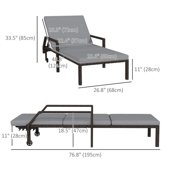 2 Piece Wicker Chaise Lounger PE Rattan Outdoor Lounge Chair Garden Chair Recliner with 5-Level Adjustable Backrest and 2 Wheels, Grey