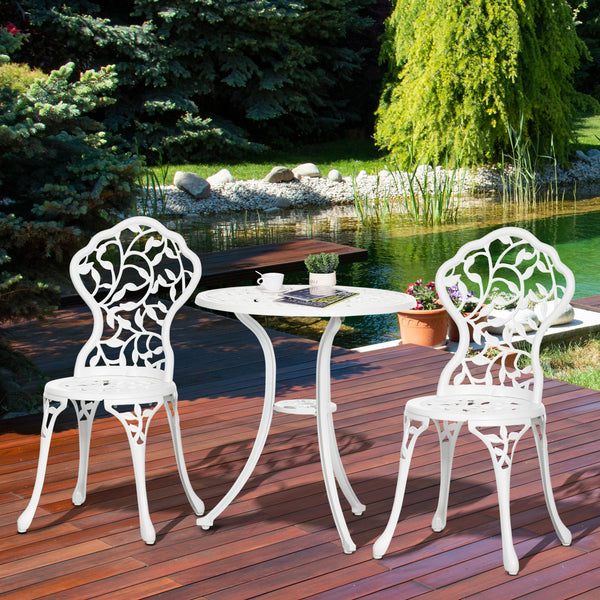 3 Pieces Bistro Set, Patio Table and Chairs with Cast Aluminum Frame for Garden, Balcony, Porch, White