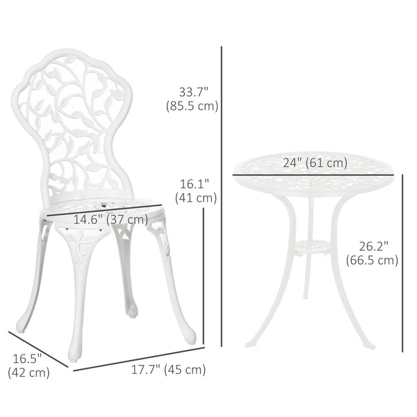 3 Pieces Bistro Set, Patio Table and Chairs with Cast Aluminum Frame for Garden, Balcony, Porch, White