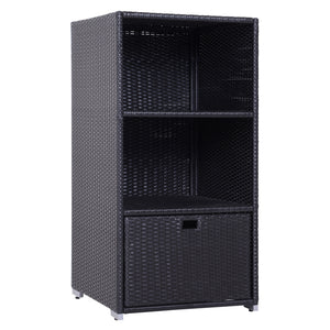 Outdoor Storage Cabinet, Patio Storage Box Rack Rattan Wicker Pool Towel Valet Organizer Poolside Garden Lawn Bathroom Furniture Shelf w/ Shelf Drawer, Dark Brown