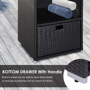 Outdoor Storage Cabinet, Patio Storage Box Rack Rattan Wicker Pool Towel Valet Organizer Poolside Garden Lawn Bathroom Furniture Shelf w/ Shelf Drawer, Dark Brown