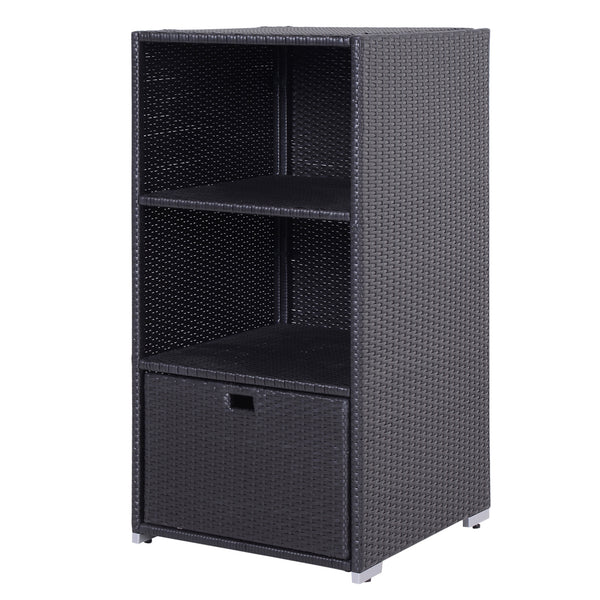 Outdoor Storage Cabinet, Patio Storage Box Rack Rattan Wicker Pool Towel Valet Organizer Poolside Garden Lawn Bathroom Furniture Shelf w/ Shelf Drawer, Dark Brown