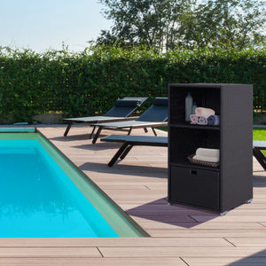Outdoor Storage Cabinet, Patio Storage Box Rack Rattan Wicker Pool Towel Valet Organizer Poolside Garden Lawn Bathroom Furniture Shelf w/ Shelf Drawer, Dark Brown