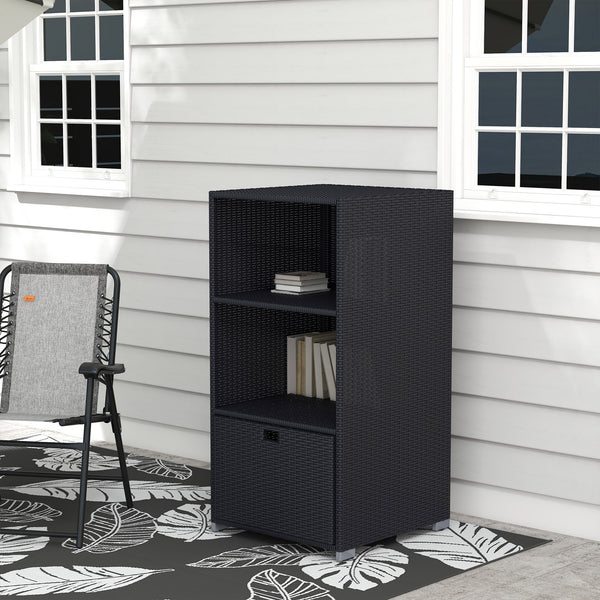 Outdoor Storage Cabinet, Patio Storage Box Rack Rattan Wicker Pool Towel Valet Organizer Poolside Garden Lawn Bathroom Furniture Shelf w/ Shelf Drawer, Dark Brown