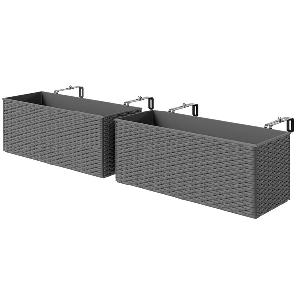 2 Pack Railing Planter Box, 20 Inch Hanging Flower Pots with Hooks and Drainage Hole, Rectangular Planters for Fence, Balcony, Garden, Patio, Rattan Look, Grey