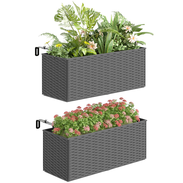 2 Pack Railing Planter Box, 20 Inch Hanging Flower Pots with Hooks and Drainage Hole, Rectangular Planters for Fence, Balcony, Garden, Patio, Rattan Look, Grey
