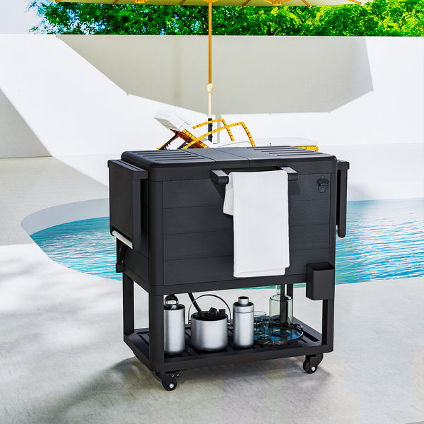104 Quart Patio Cooler with Wheels, Holds up to 70 Bottles / 120 Cans, Rolling Ice Chest with Bottle Opener and Shelves, Outdoor Beverage Bar Cart with Handles, Black