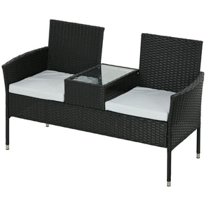 2-Seat Patio Furniture with Tea Table, Outdoor PE Rattan Wicker Loveseat with Padded Cushions and Tempered Glass Top for Garden, Porch, Poolside, Light Grey