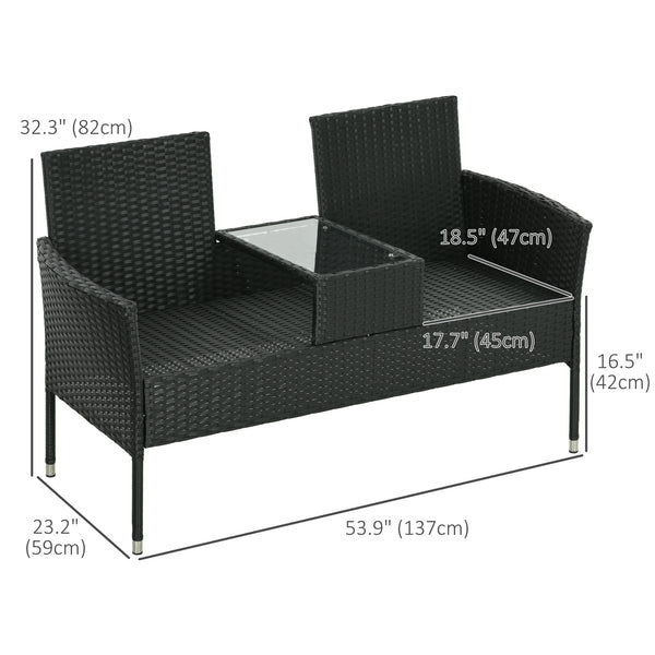 2-Seat Patio Furniture with Tea Table, Outdoor PE Rattan Wicker Loveseat with Padded Cushions and Tempered Glass Top for Garden, Porch, Poolside, Light Grey