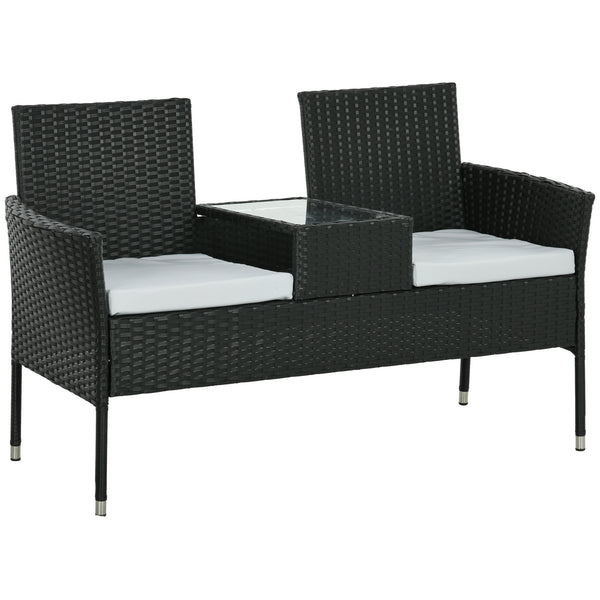 2-Seat Patio Furniture with Tea Table, Outdoor PE Rattan Wicker Loveseat with Padded Cushions and Tempered Glass Top for Garden, Porch, Poolside, Light Grey
