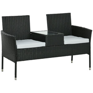 2-Seat Patio Furniture with Tea Table, Outdoor PE Rattan Wicker Loveseat with Padded Cushions and Tempered Glass Top for Garden, Porch, Poolside, Light Grey