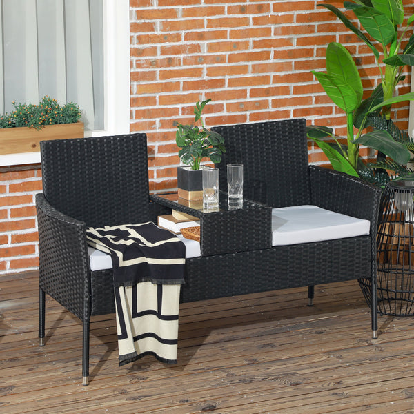 2-Seat Patio Furniture with Tea Table, Outdoor PE Rattan Wicker Loveseat with Padded Cushions and Tempered Glass Top for Garden, Porch, Poolside, Light Grey