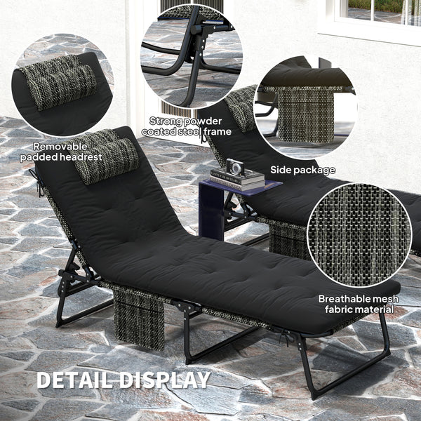 2 Pieces Folding Lounge Chairs with 4-level Reclining Back, Outdoor Tanning Chair with Cushion, Sun Lounger with Breathable Mesh Fabric, Side Pocket, Headrest, Black
