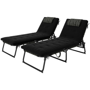 2 Pieces Folding Lounge Chairs with 4-level Reclining Back, Outdoor Tanning Chair with Cushion, Sun Lounger with Breathable Mesh Fabric, Side Pocket, Headrest, Black