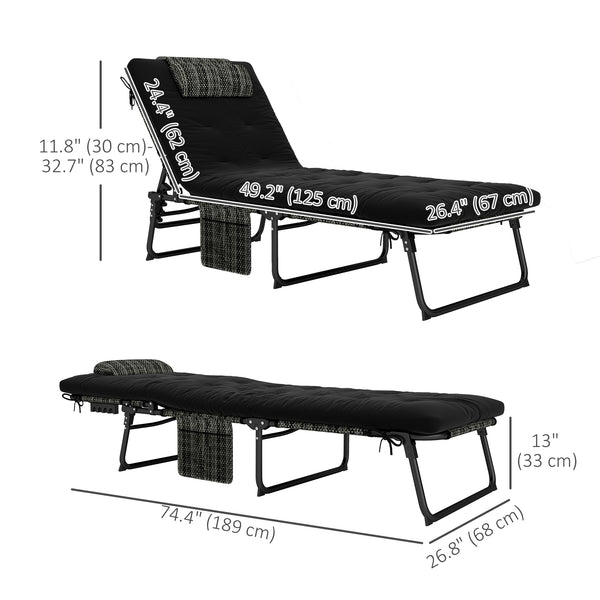 2 Pieces Folding Lounge Chairs with 4-level Reclining Back, Outdoor Tanning Chair with Cushion, Sun Lounger with Breathable Mesh Fabric, Side Pocket, Headrest, Black