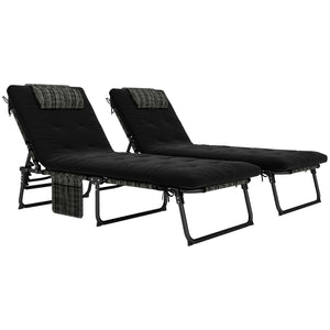 2 Pieces Folding Lounge Chairs with 4-level Reclining Back, Outdoor Tanning Chair with Cushion, Sun Lounger with Breathable Mesh Fabric, Side Pocket, Headrest, Black