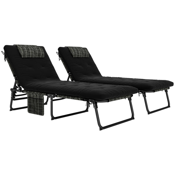 2 Pieces Folding Lounge Chairs with 4-level Reclining Back, Outdoor Tanning Chair with Cushion, Sun Lounger with Breathable Mesh Fabric, Side Pocket, Headrest, Black