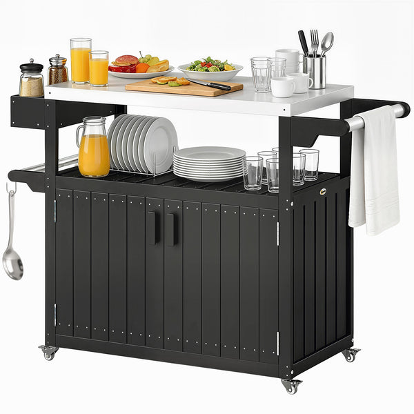 Outdoor Bar Cart with Storage Cabinet, Stainless Steel Top Kitchen Island on Wheels, HDPE Outdoor Bar Table, Movable Patio Beverage Food Prep Table for BBQ Picnic, Black