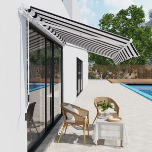 2.5m x 2m Garden Patio Manual Awning Canopy Sun Shade Shelter Retractable with Winding Handle Blue White