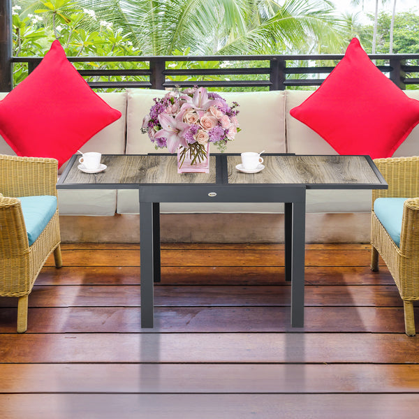 Extending Garden Table, Outdoor Dining Table for 6, Aluminium Frame Rectangular Patio Table with Plastic Board Tabletop,80/160L x 80W x 75H cm, Beige