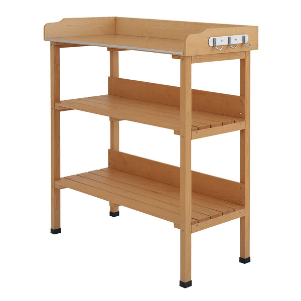 Outdoor Potting Bench, Wooden Potting Table with Storage Shelf, Metal Table Top, Hooks for Backyard, Patio, Balcony, Natural
