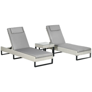 3-piece PE Rattan Sun Lounger Set with Adjustable 5-Position Recliner, Patio Chaise Lounge Chair Set with Cushions, Headrests, Glass Top Square Coffee Table, Light Grey