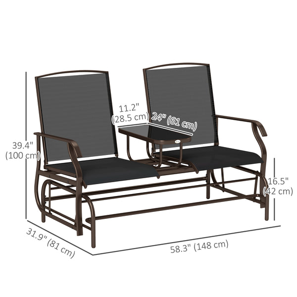 Outdoor Glider Bench with Table, Patio Loveseat for 2 Persons, Garden Glider Rocking Chair with Breathable Mesh Fabric, Black