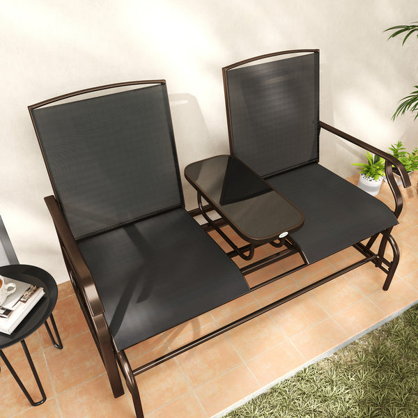 Outdoor Glider Bench with Table, Patio Loveseat for 2 Persons, Garden Glider Rocking Chair with Breathable Mesh Fabric, Black