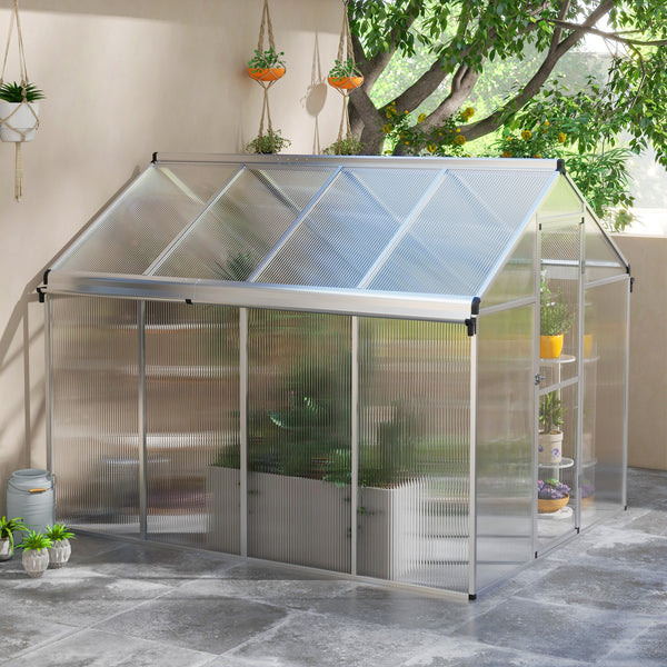 6 x 8ft Polycarbonate Greenhouse with Rain Gutters, Large Walk-In Green House with Door and Window, Garden Plants Grow House with Aluminium Frame and Foundation