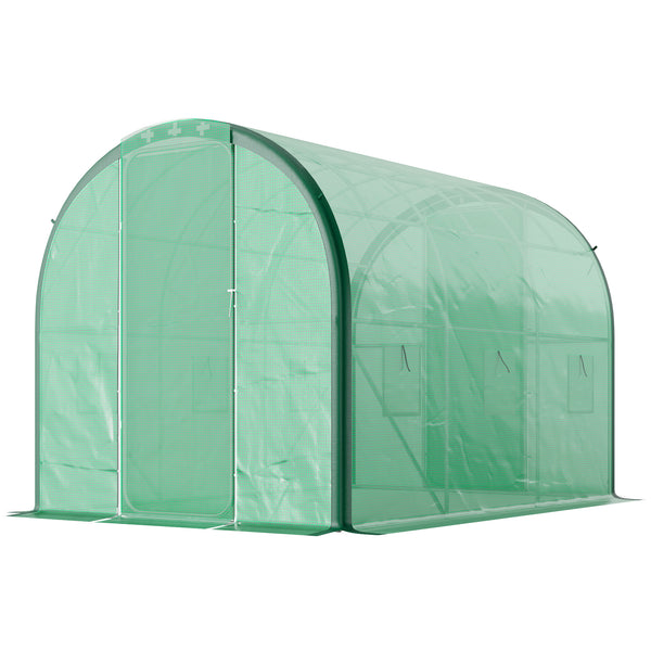 3 x 2(m) Walk-in Polytunnel Greenhouse with Upgraded Structure, 2 Hinged Doors, 6 Mesh Windows, Tunnel Warm House Tent with UV-resistant PE Cover, Green