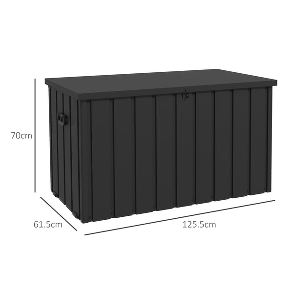 450 Litre Garden Storage Box, Outdoor Storage Box with Wheels and Handles, Lockable Galvanised Steel Outside Deck Box Organiser for Tools, Cushions, Dark Grey