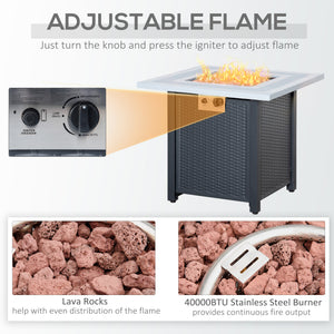 Square Propane Gas Fire Pit Table, 40000 BTU Rattan Smokeless Firepit Patio Heater with Lava Rocks and Lid, 71cm x 71cm x 62cm, Black