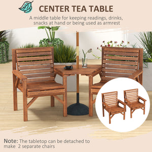 3Pcs Outdoor Bench Set, 2 Garden Benches Coffee Table and Umbrella Hole, Patio Table and Chair Set for Garden, Backyard, Balcony, Tan Brown