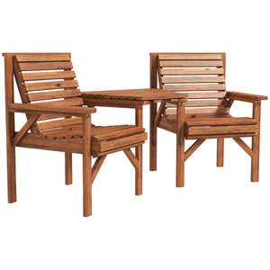 3Pcs Outdoor Bench Set, 2 Garden Benches Coffee Table and Umbrella Hole, Patio Table and Chair Set for Garden, Backyard, Balcony, Tan Brown
