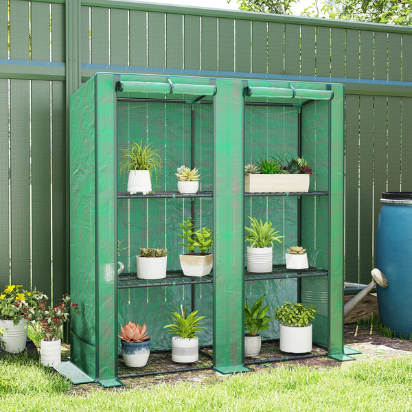 Lean-to Greenhouse with 3 Tier Shelves, 56.7" x 18.9" x 59.8" Portable Small Greenhouse with PE Cover, 2 Roll-Up Zippered Doors, for Indoor Outdoor Garden Backyard Balcony, Green