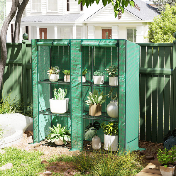 Lean-to Greenhouse with 3 Tier Shelves, 56.7" x 18.9" x 59.8" Portable Small Greenhouse with PE Cover, 2 Roll-Up Zippered Doors, for Indoor Outdoor Garden Backyard Balcony, Green