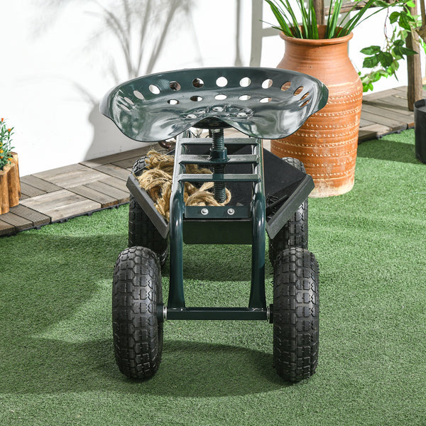 Garden Cart Garden Seat on Wheels, Gardening Stool with Tool Tray, 360 Degree Swivel and Height Adjustable Seat, for Outdoor, Patio and Yard