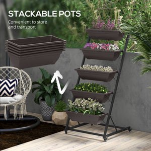5-Tier Vertical Raised Garden Bed with 5 Planter Boxes, Wheels, Outdoor Plant Stand Grow Container with Leaking Holes for Balcony Patio Outdoor, Brown