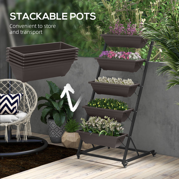 5-Tier Vertical Raised Garden Bed with 5 Planter Boxes, Wheels, Outdoor Plant Stand Grow Container with Leaking Holes for Balcony Patio Outdoor, Brown
