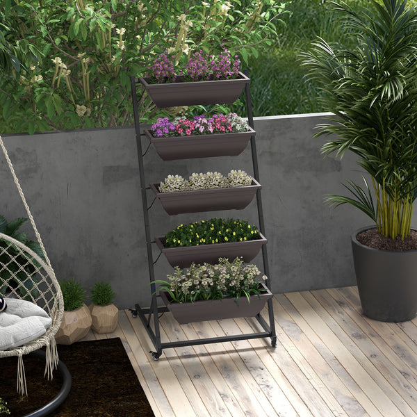 5-Tier Vertical Raised Garden Bed with 5 Planter Boxes, Wheels, Outdoor Plant Stand Grow Container with Leaking Holes for Balcony Patio Outdoor, Brown