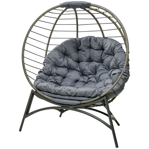 Folding Rattan Egg Chair, Freestanding Basket Chair with Cushion, Bottle Holder Bag for Outdoor or Indoor, Grey
