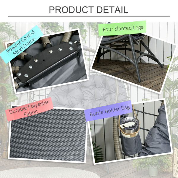 Folding Rattan Egg Chair, Freestanding Basket Chair with Cushion, Bottle Holder Bag for Outdoor or Indoor, Grey